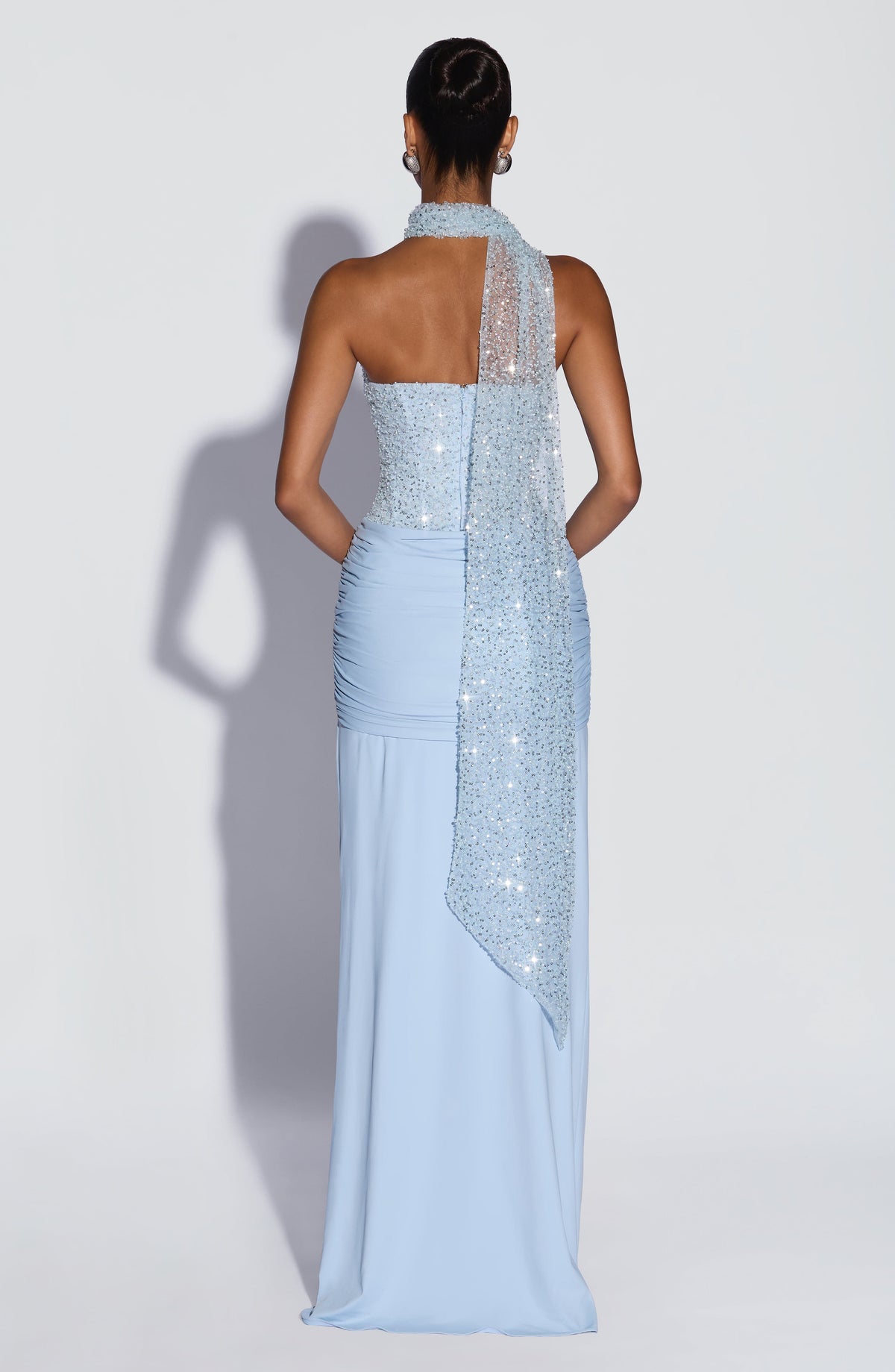 Sequin Corset Strapless Ruched Drape Maxi Gown 7