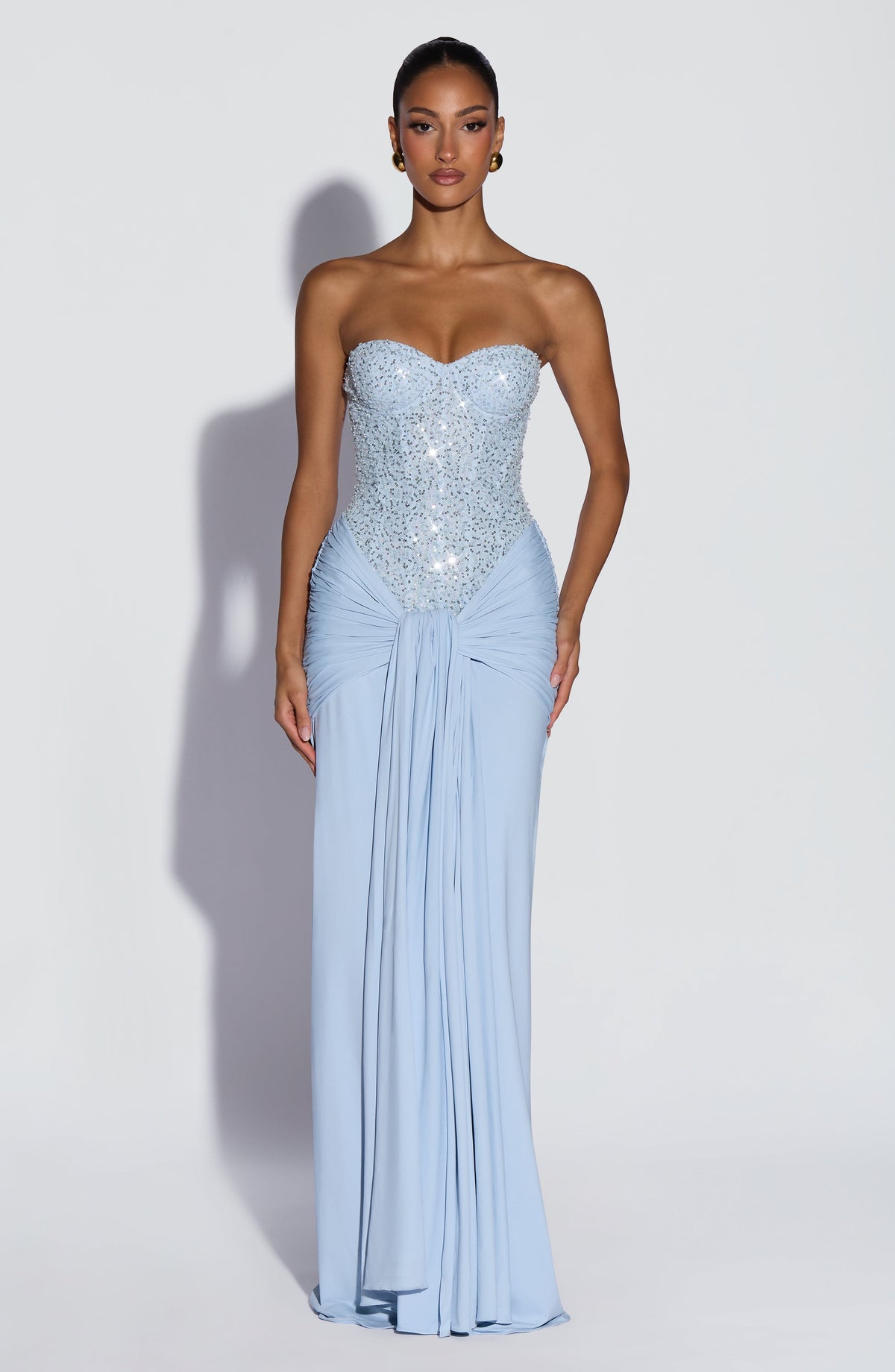 Sequin Corset Strapless Ruched Drape Maxi Gown