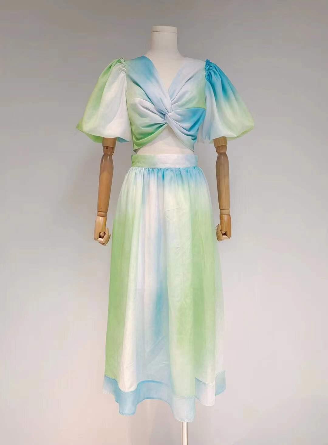 Carley Ombre Puff Sleeve Crop Top & Maxi Skirt Set