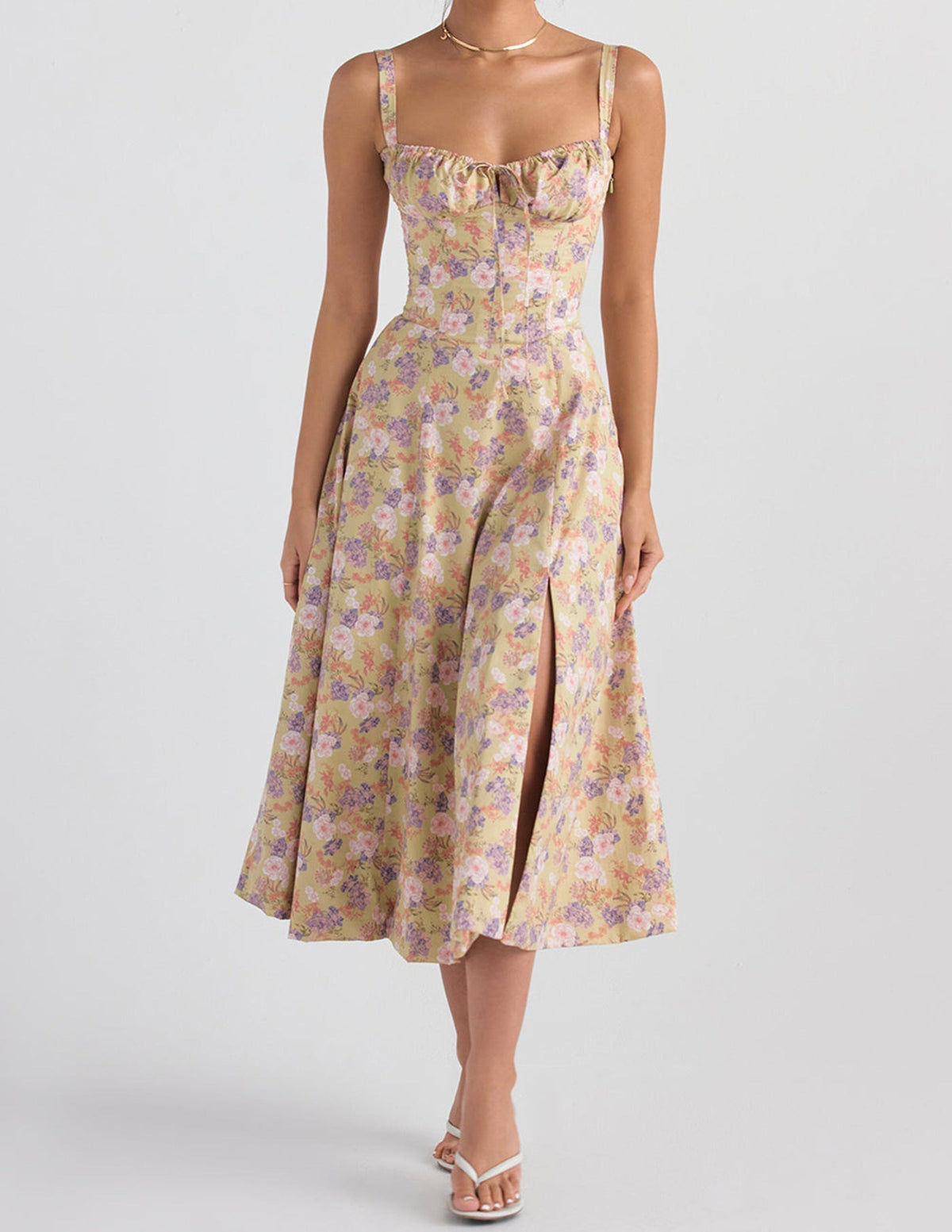 Floral Print Sweetheart Neck Corset High Split Midi Dress