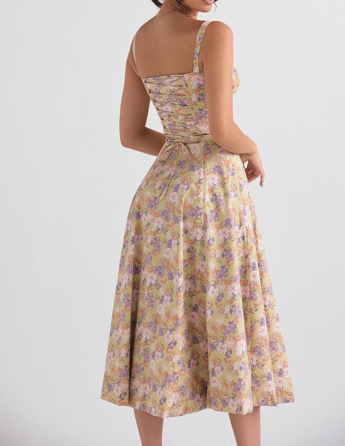 Floral Print Sweetheart Neck Corset High Split Midi Dress