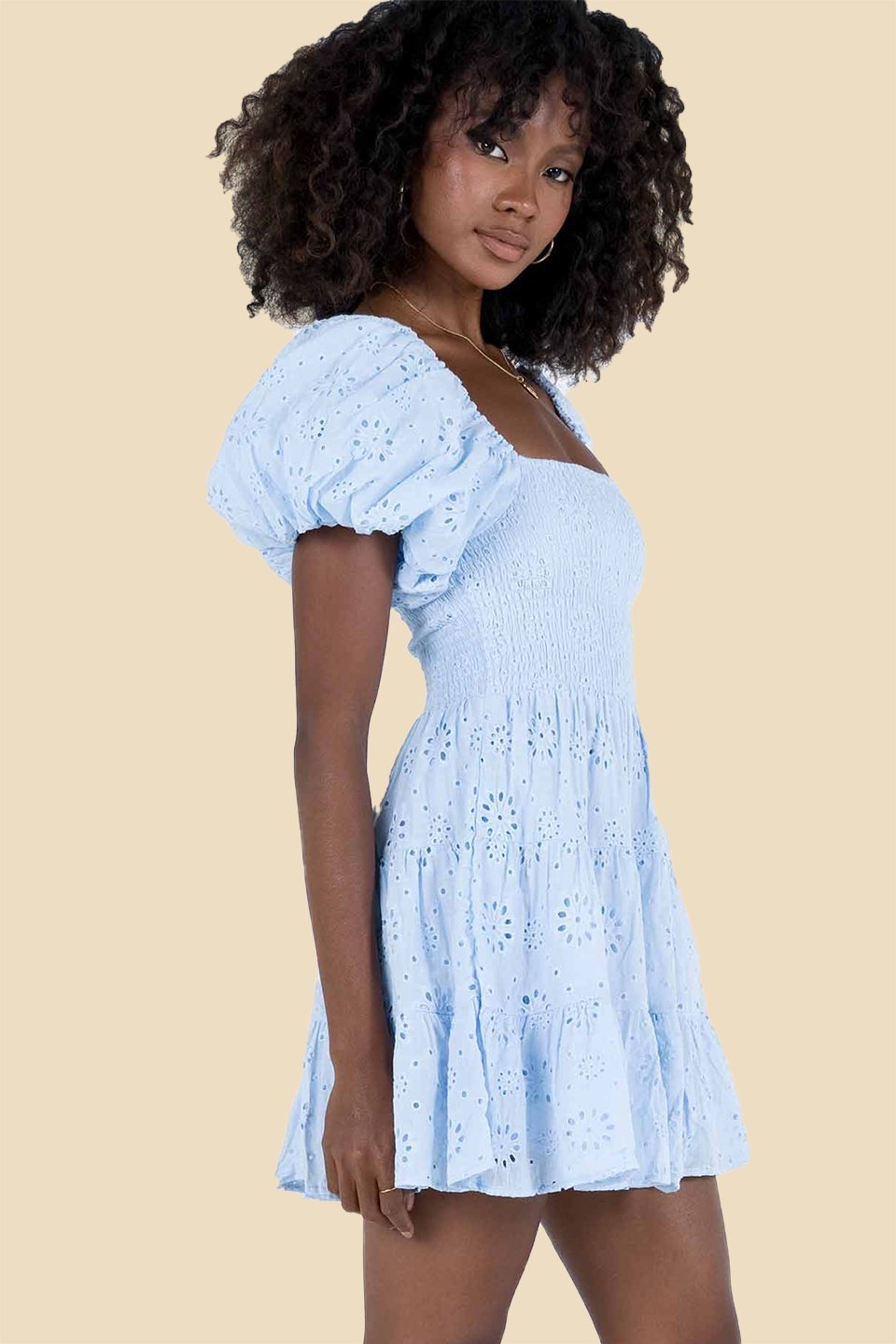 Eyelet Embroidered Square Neck Puff Sleeve Smocked Bodice Tiered Mini Dress 3