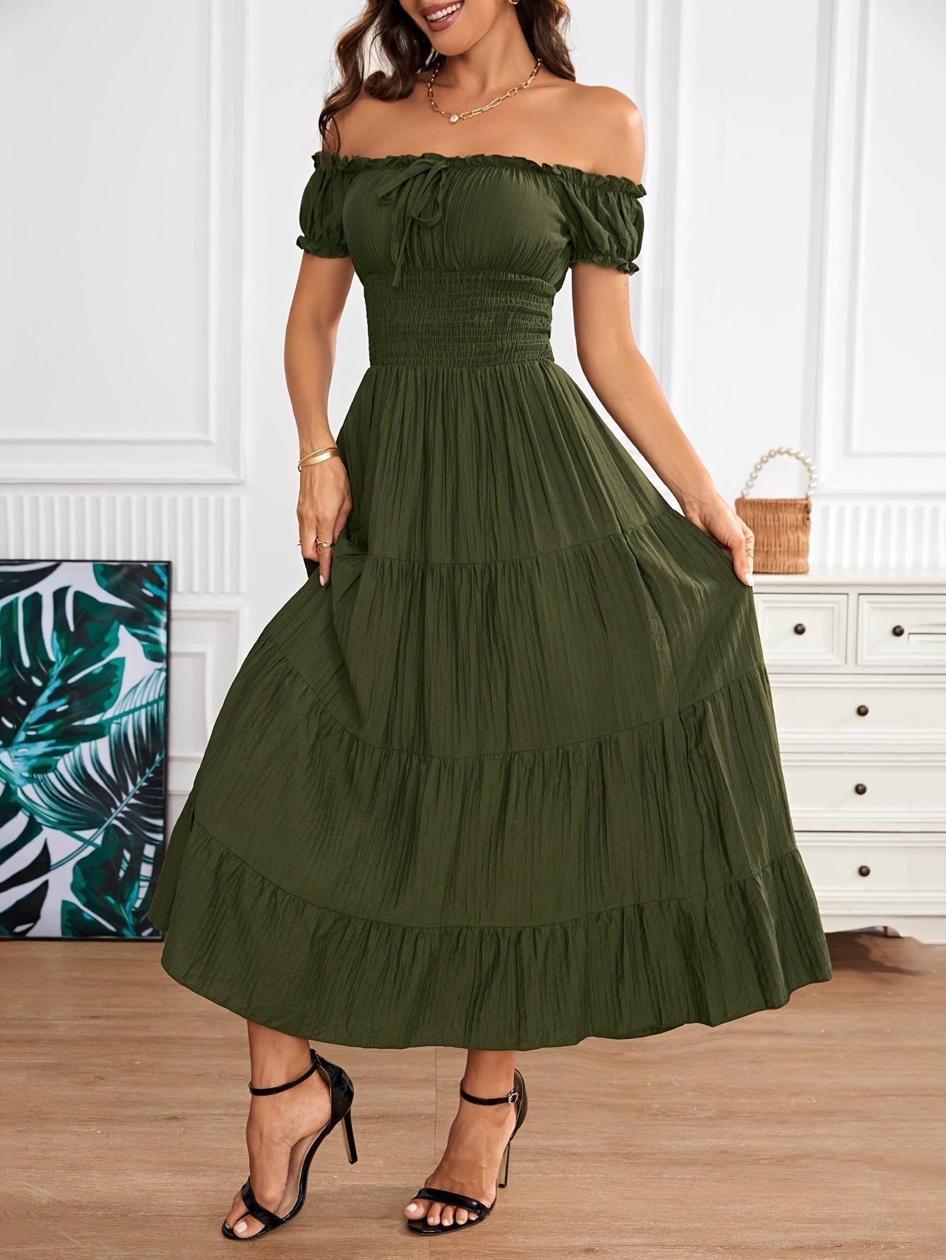 Amparo Elegant A-line Maxi Dress with Off-shoulder and Smocking