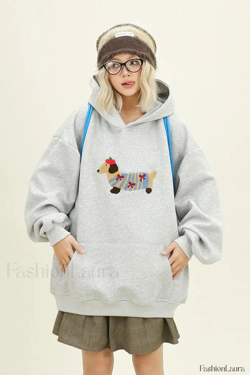 Cartoon Dog Embroidery Hooded Sweatshirt