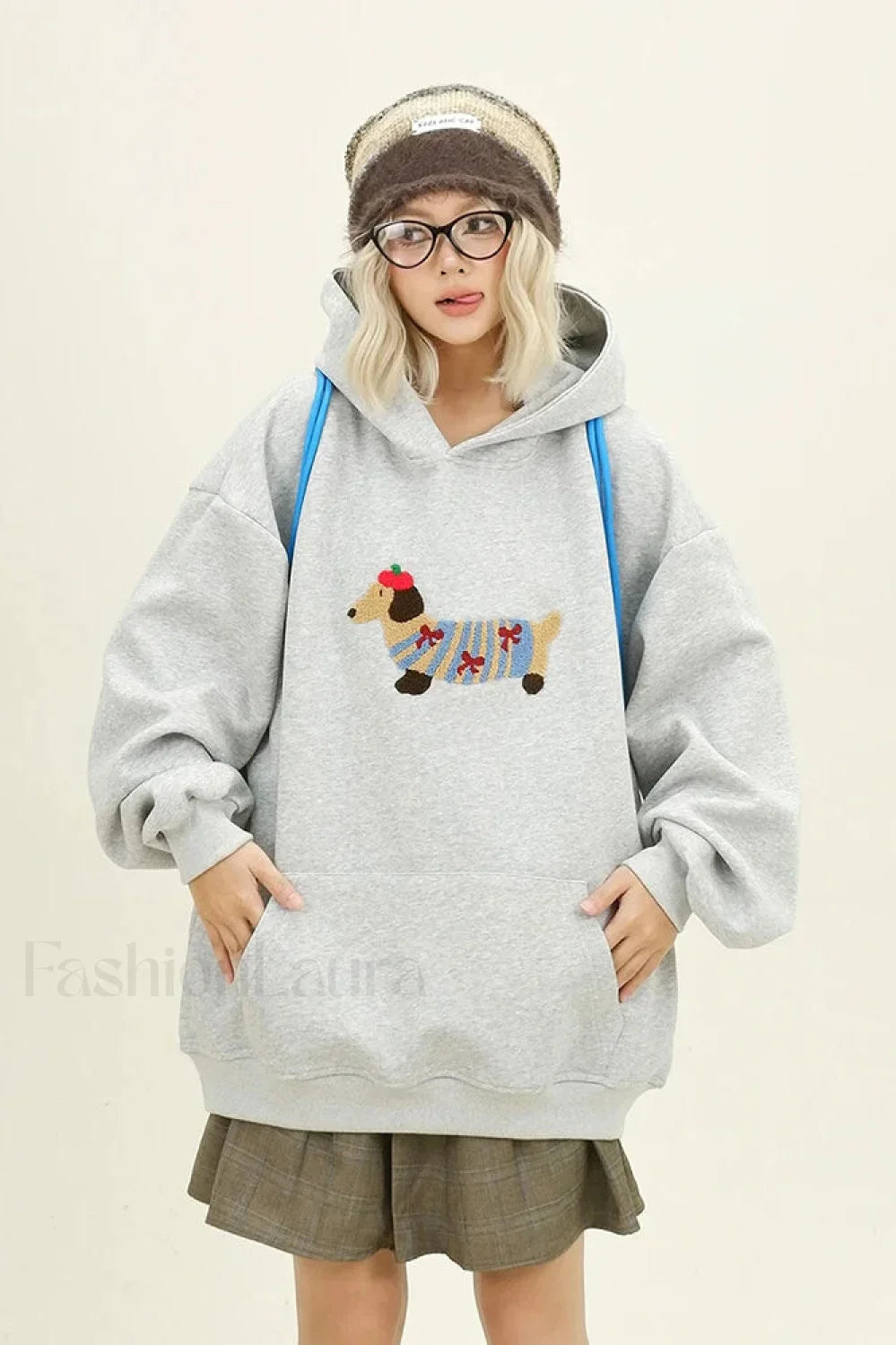 Cartoon Dog Embroidery Hooded Sweatshirt Grey / S