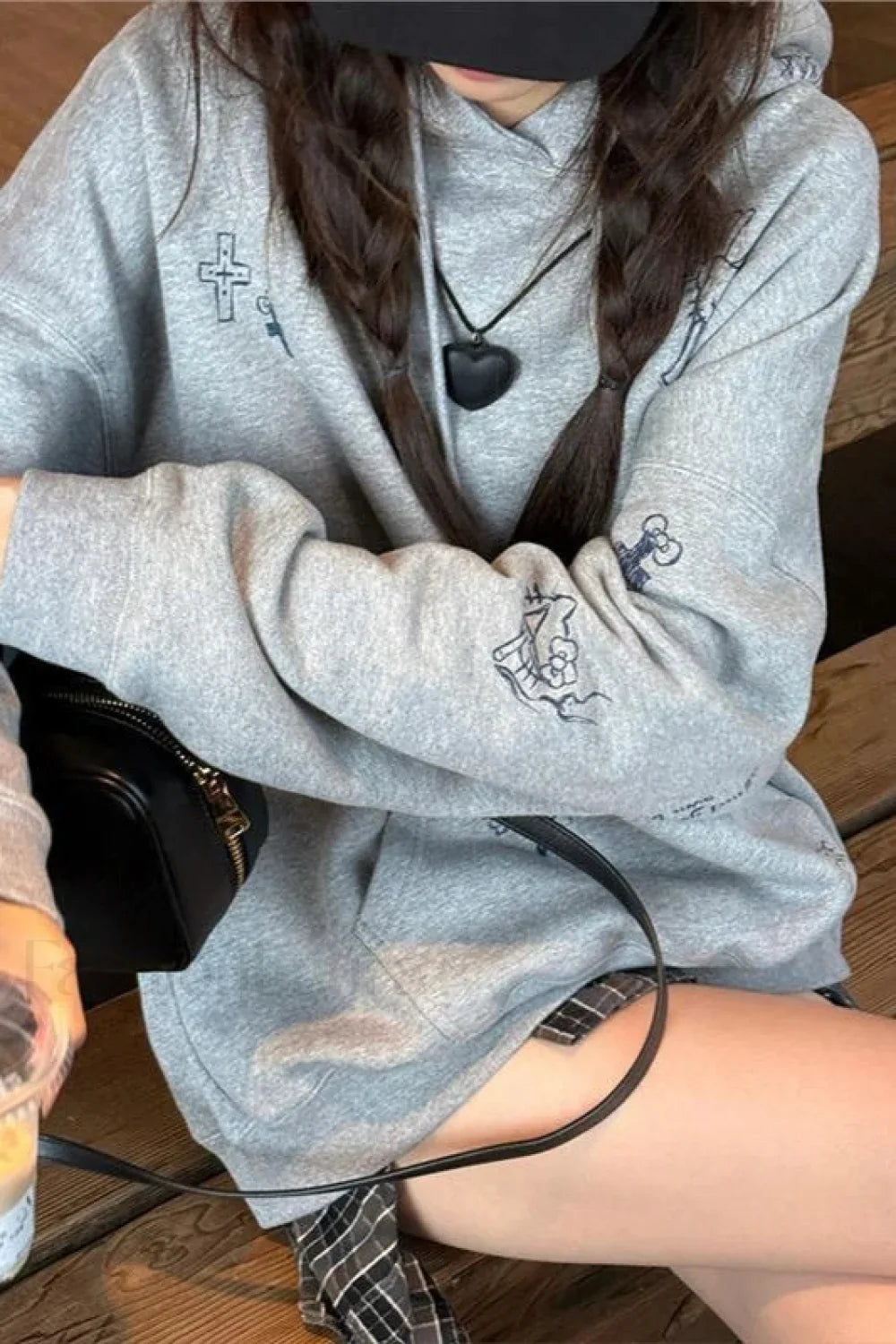 Cartoon Print Grey Hoodie Gray / M