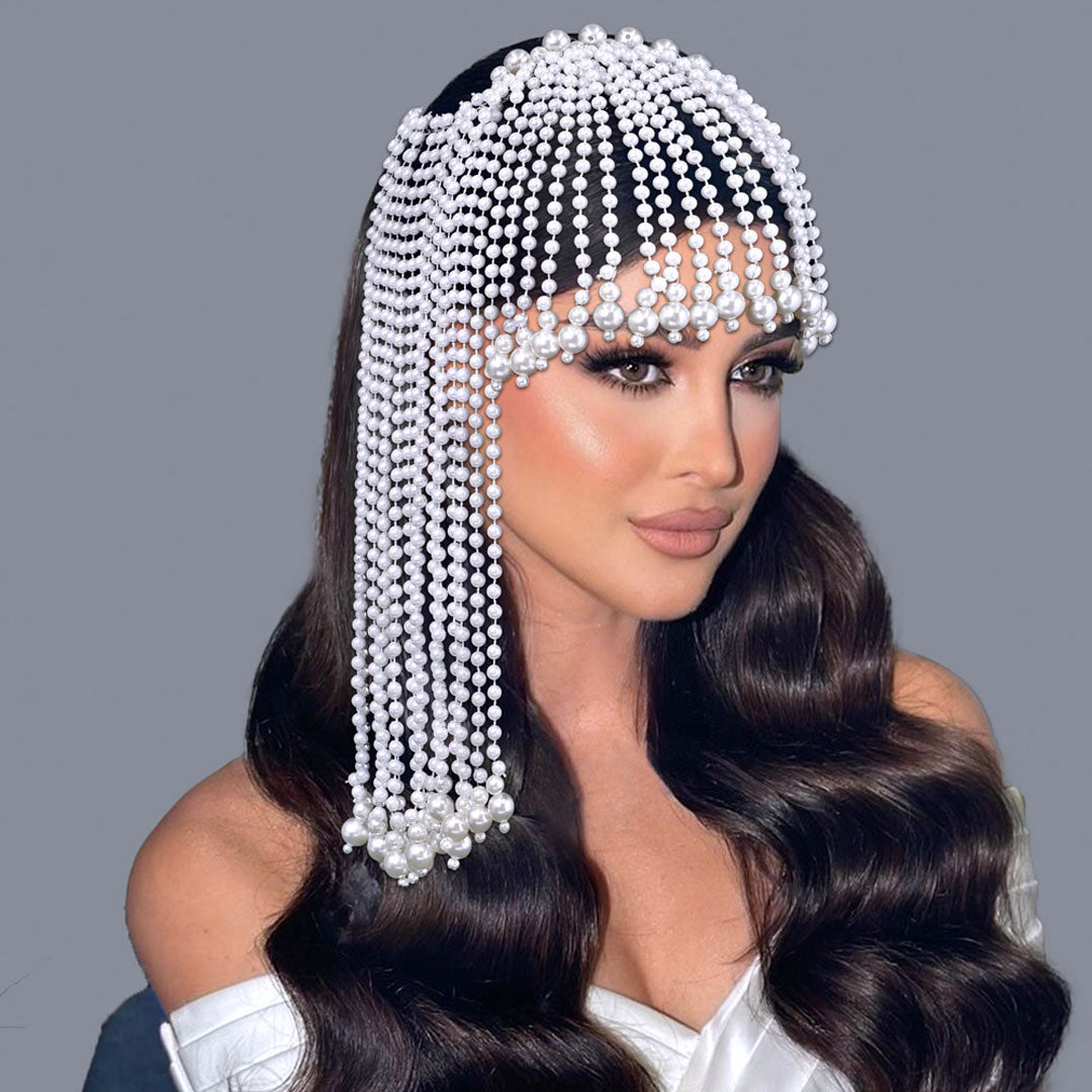 Cascading Baroque Faux Pearl Beading Fringe Half Veil Headband