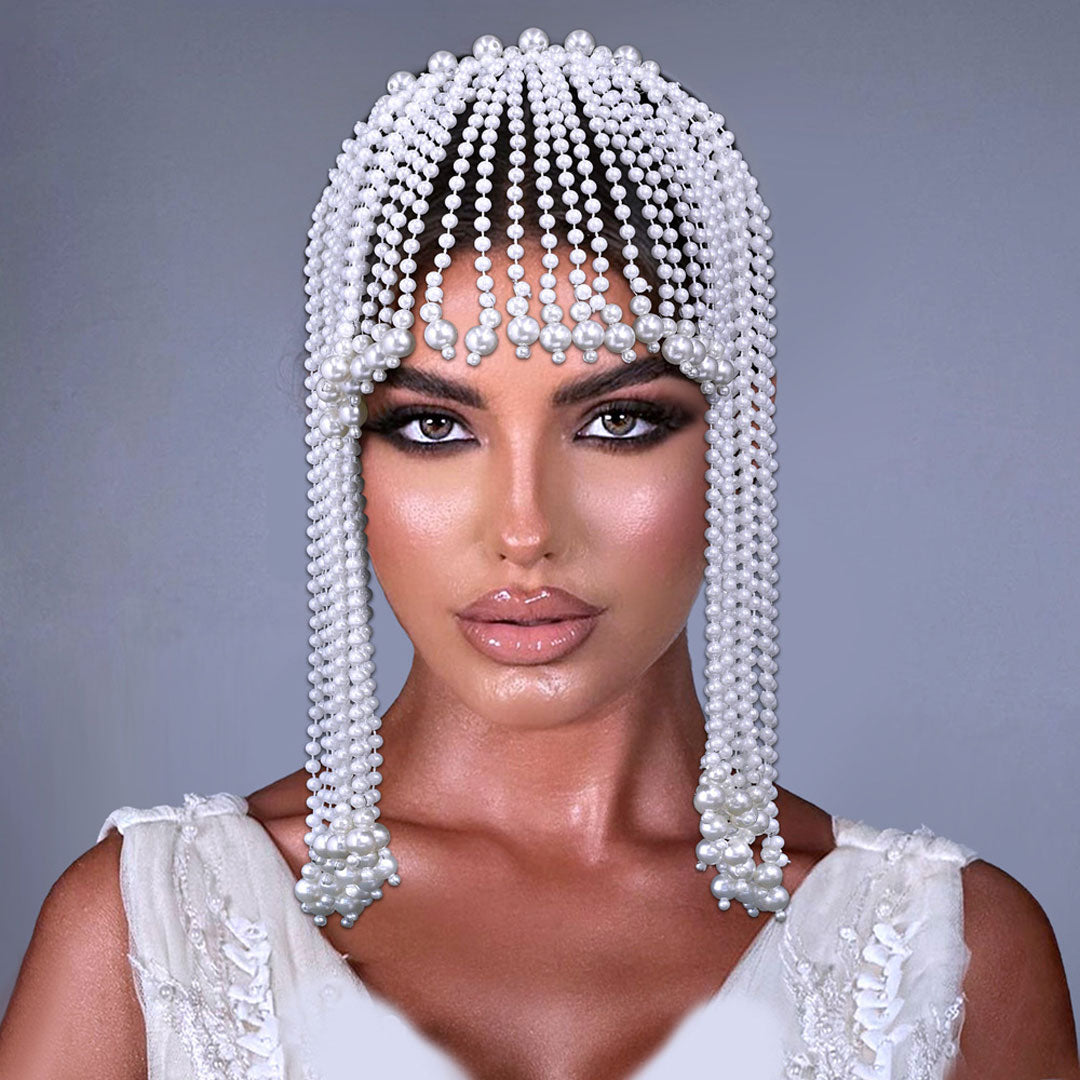 Cascading Baroque Faux Pearl Beading Fringe Half Veil Headband
