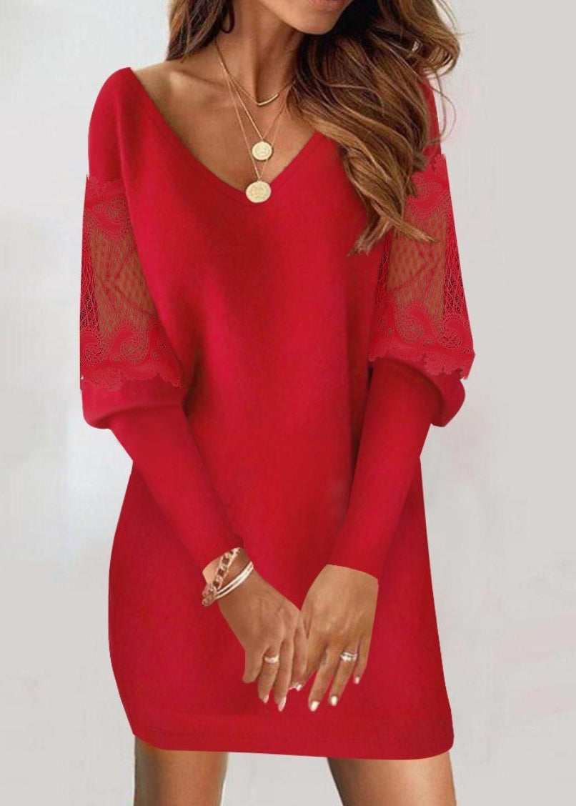 V-Neck Long Sleeve Lace Trim Mini Dress 3