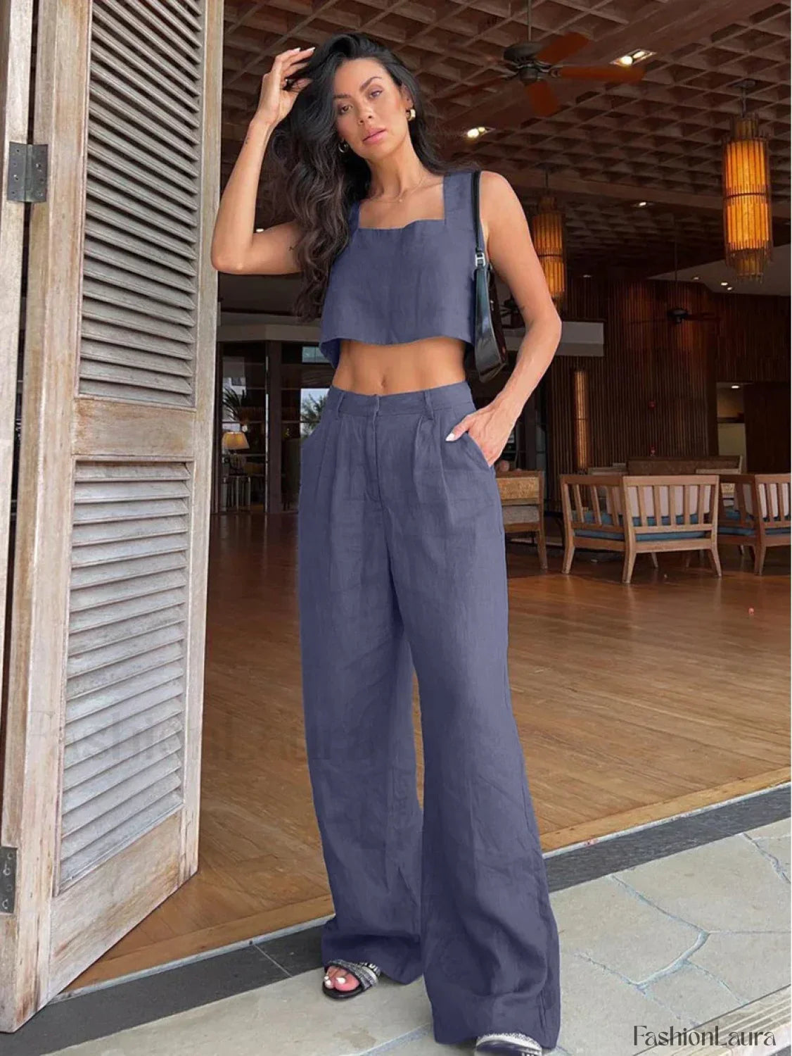 Casual Backless Crop Pants Two Piece Set