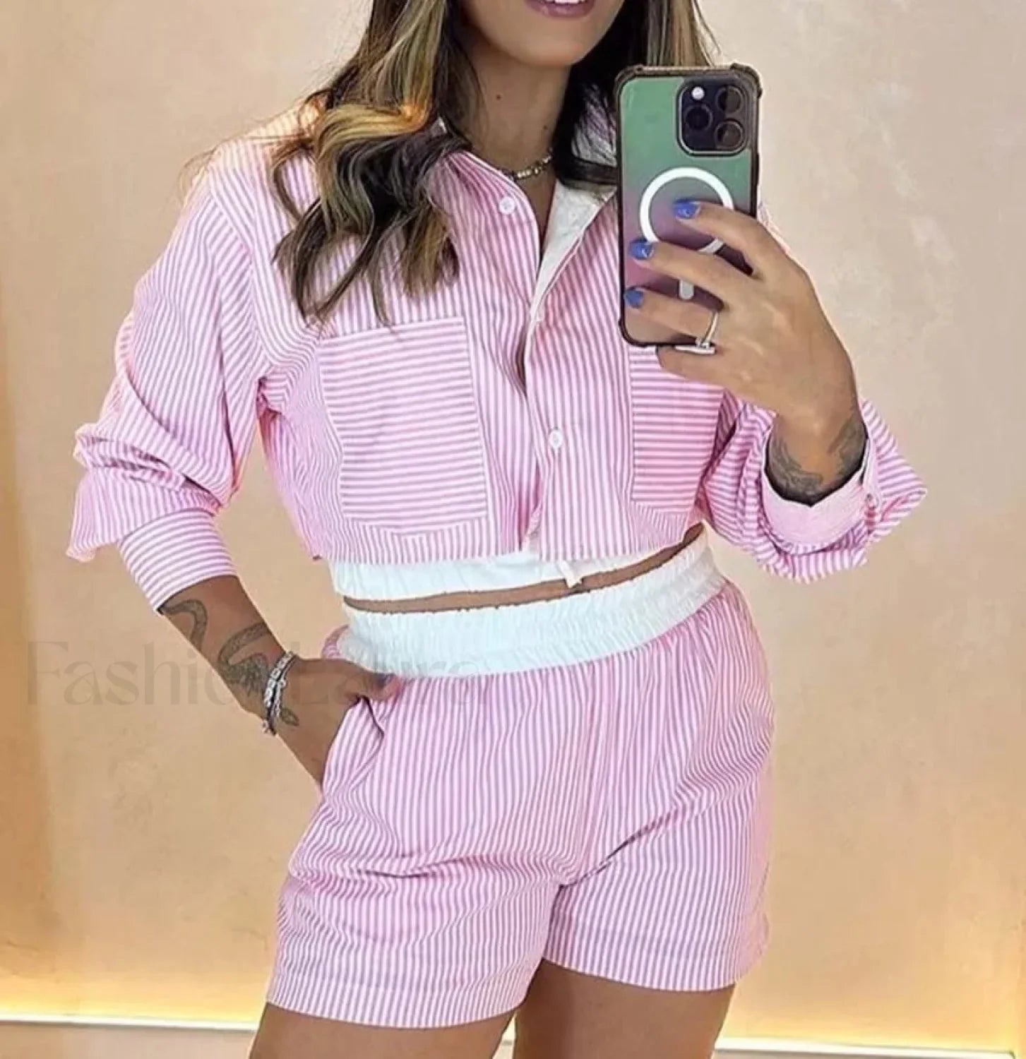 Casual Blue Print Shorts Two Piece Set Pink / S