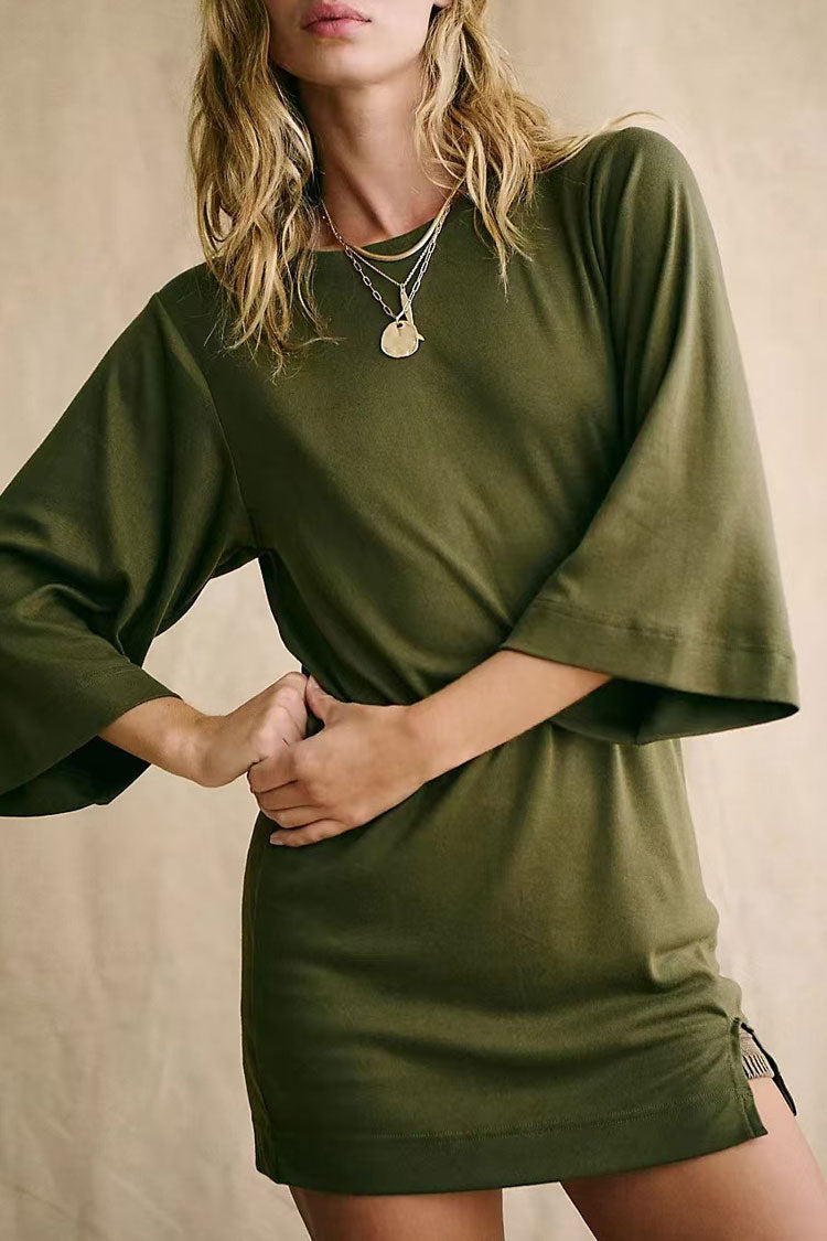 Casual Crew Neck 3/4 Sleeve Oversized Split Summer Mini T Shirt Dress