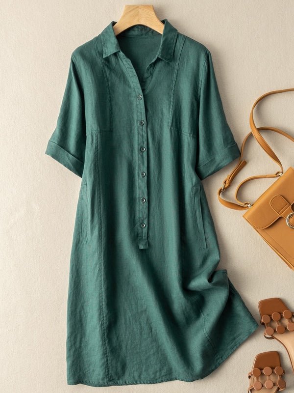 Casual Linen Lapel Shirt Dress Short Sleeve - Omychic