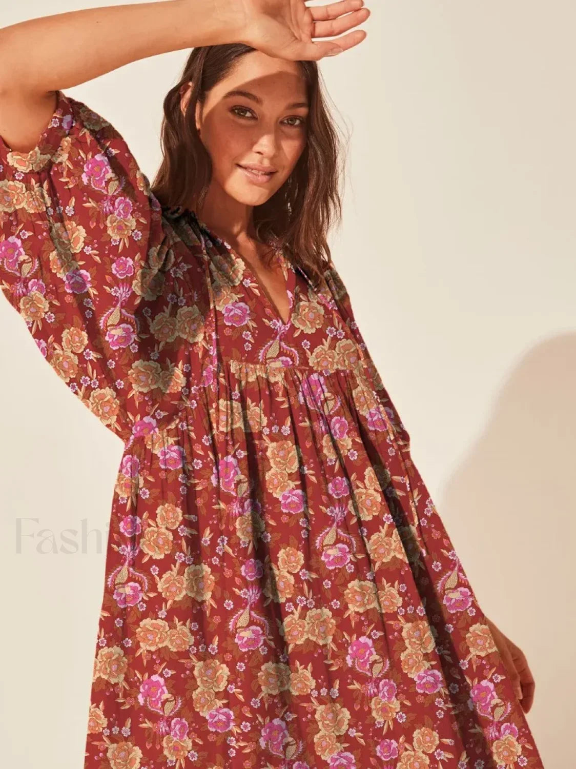 Casual Loose Floral Print Spring/Summer Women's 2024 New Lantern Sleeves Lace-up V-neck Mini Dress