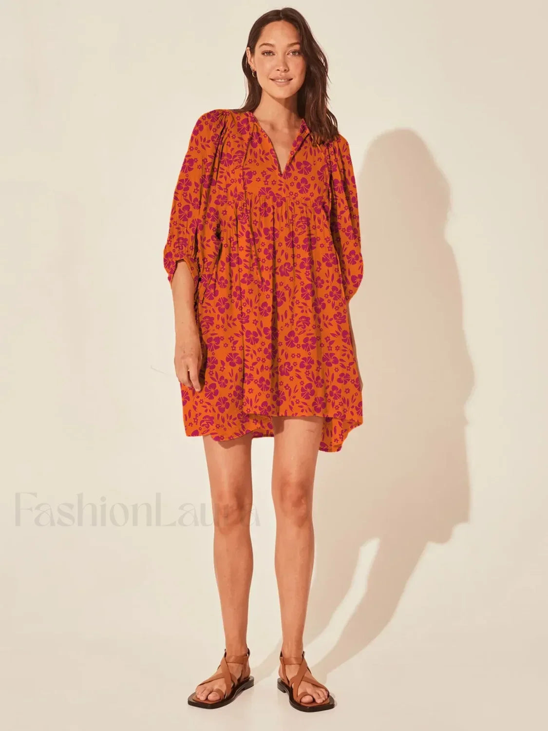 Casual Loose Floral Print Spring/Summer Women’s 2024 New Lantern Sleeves Lace up V neck Mini Dress Burgundy / S