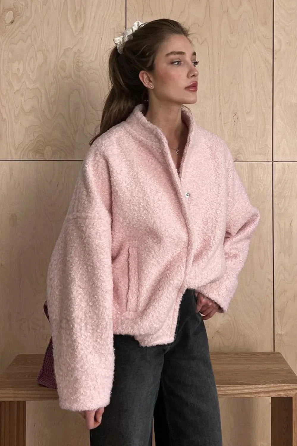 Casual Pink Faux Fur Short Jacket