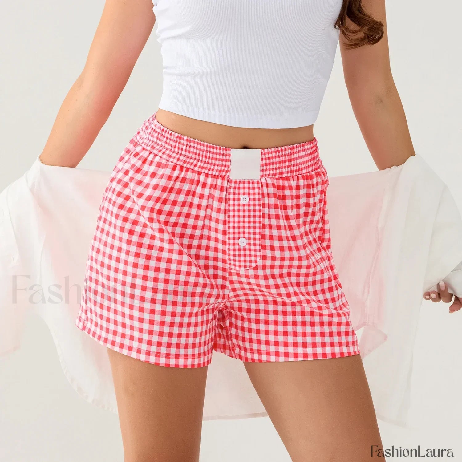 Casual Plaid Button Contrast Color Elastic Waist Summer Short