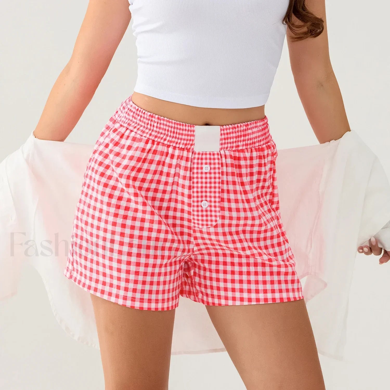 Casual Plaid Button Contrast Color Elastic Waist Summer Short Red / S