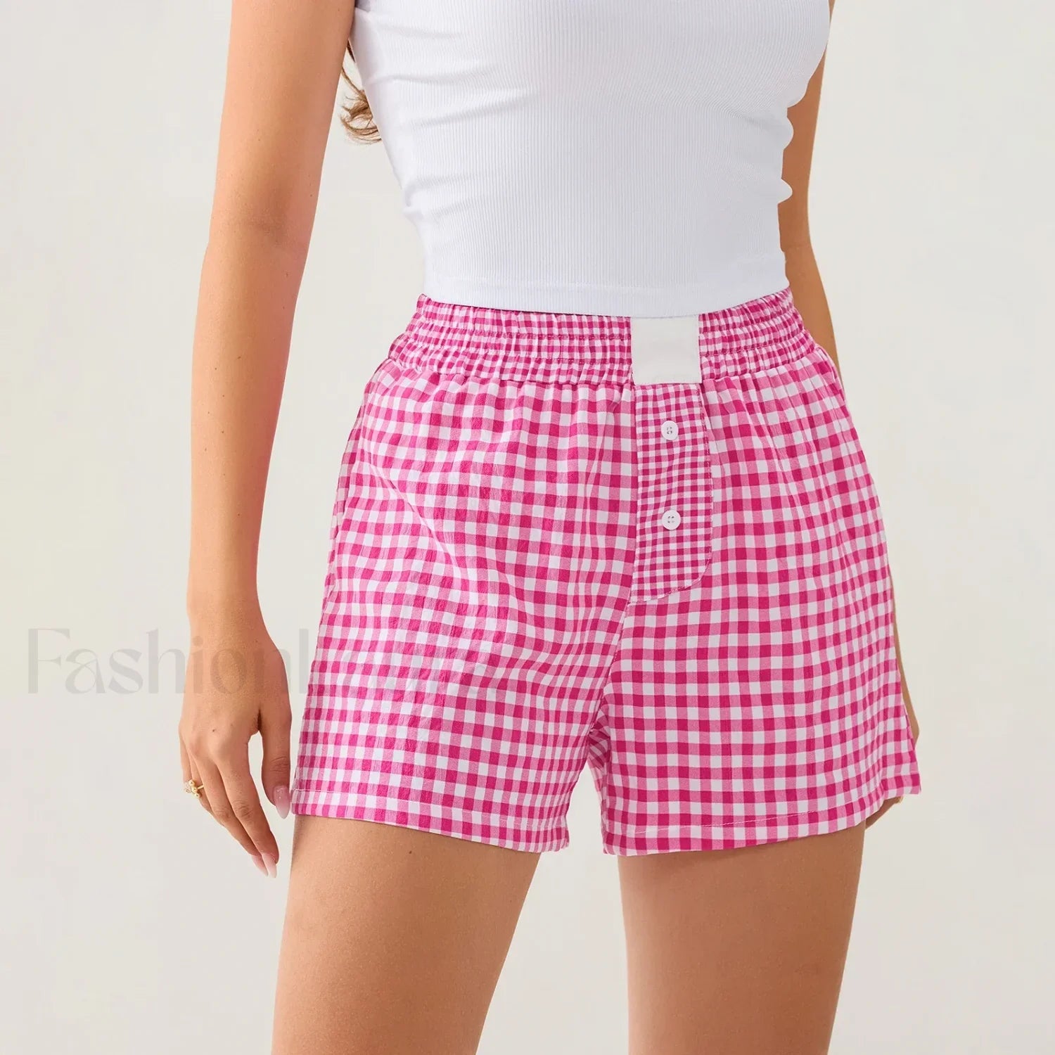 Casual Plaid Button Contrast Color Elastic Waist Summer Short