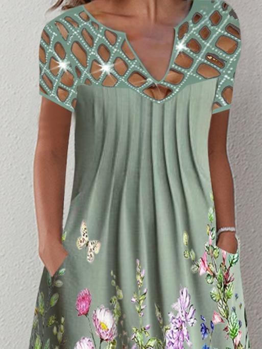 Casual Printed Floral Cutout V-Neck Dress