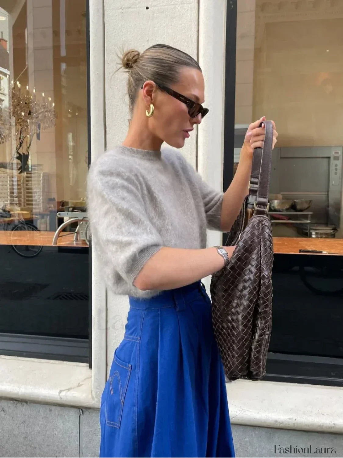 Casual Solid Color Short Sleeve Women's Elegant Round Neck Loose Sweater