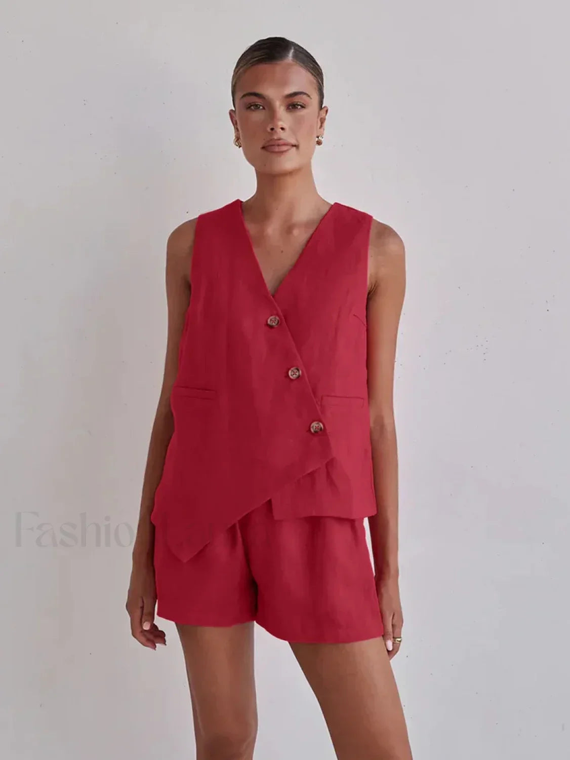 Casual Spaghetti Strap Crop Shorts Two Piece Set Red / S