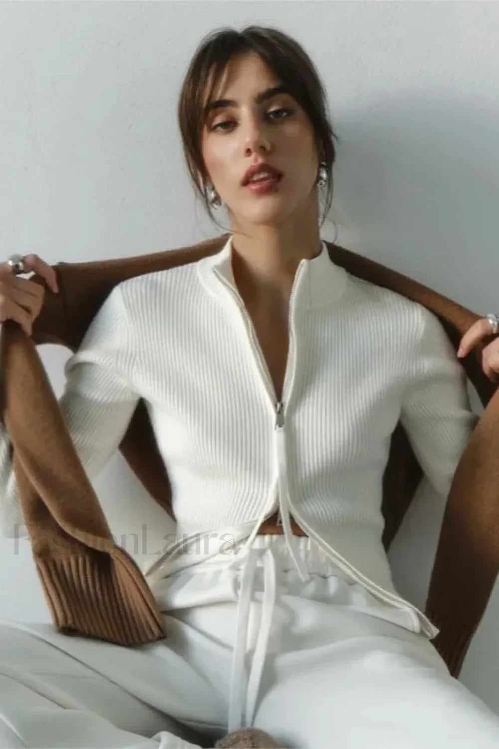 Casual Zip Front Knit Cardigan White / S