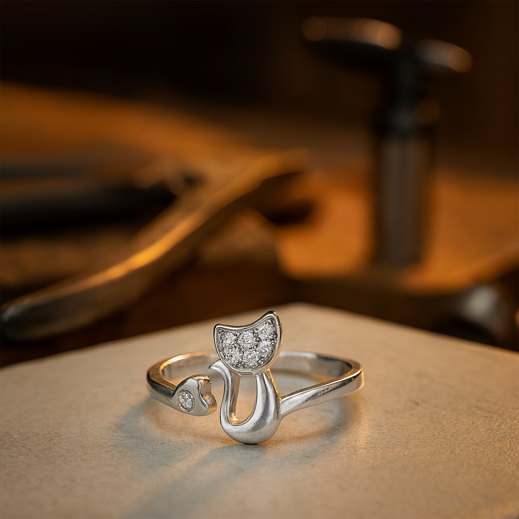 Cubic Zirconia Cat and Heart Adjustable Open Ring