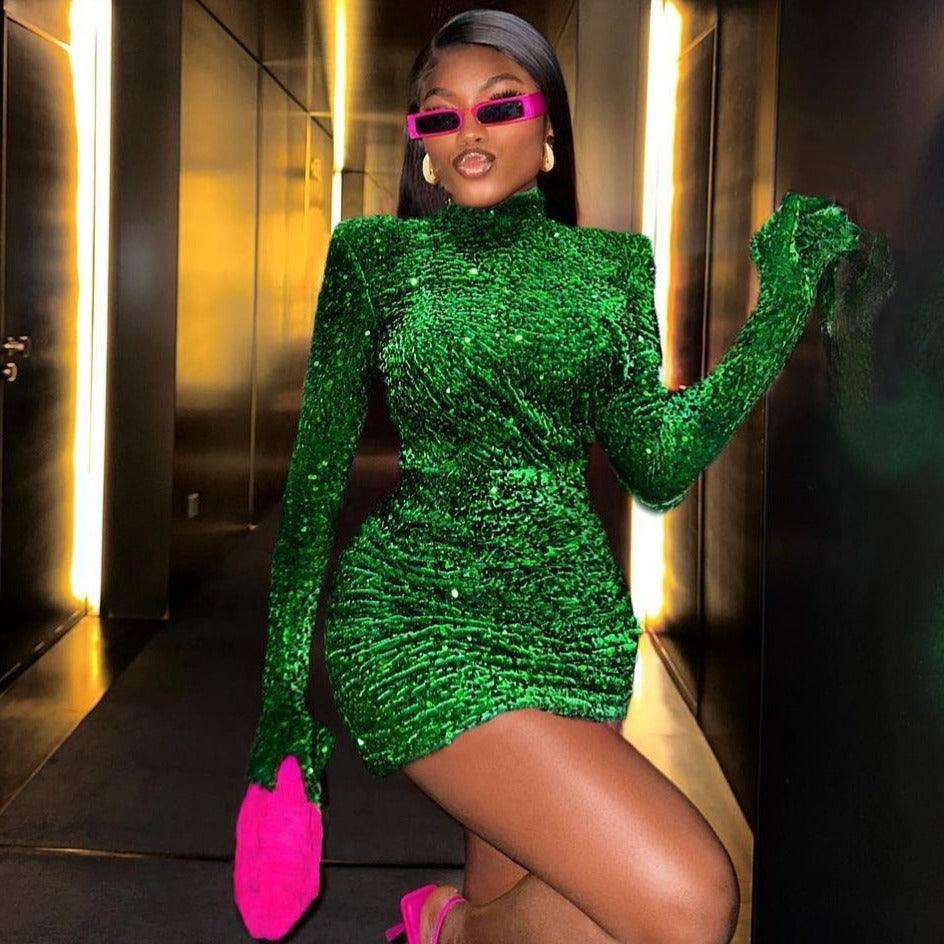Sequin High Neck Long Sleeve Ruched Bodycon Mini Party Dress