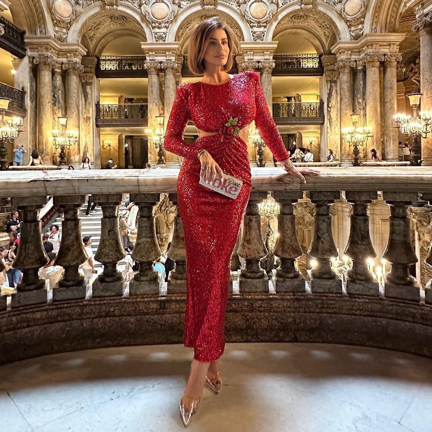 Sequin Long Sleeve Cut Out Bodycon Maxi Dress