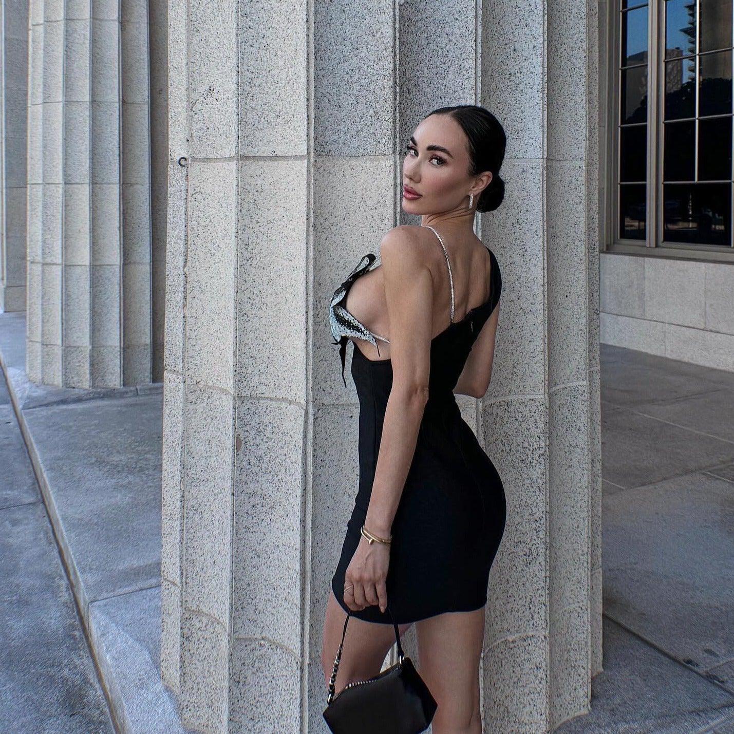 Rhinestone One Shoulder Deep V-Neck Floral Applique Bodycon Mini Dress