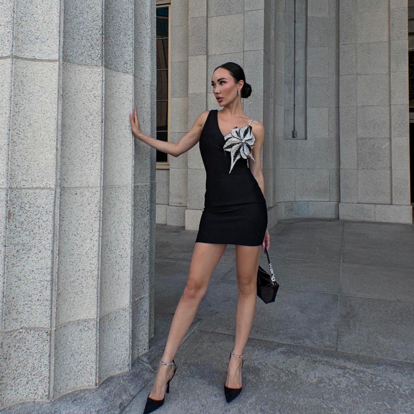 Rhinestone One Shoulder Deep V-Neck Floral Applique Bodycon Mini Dress