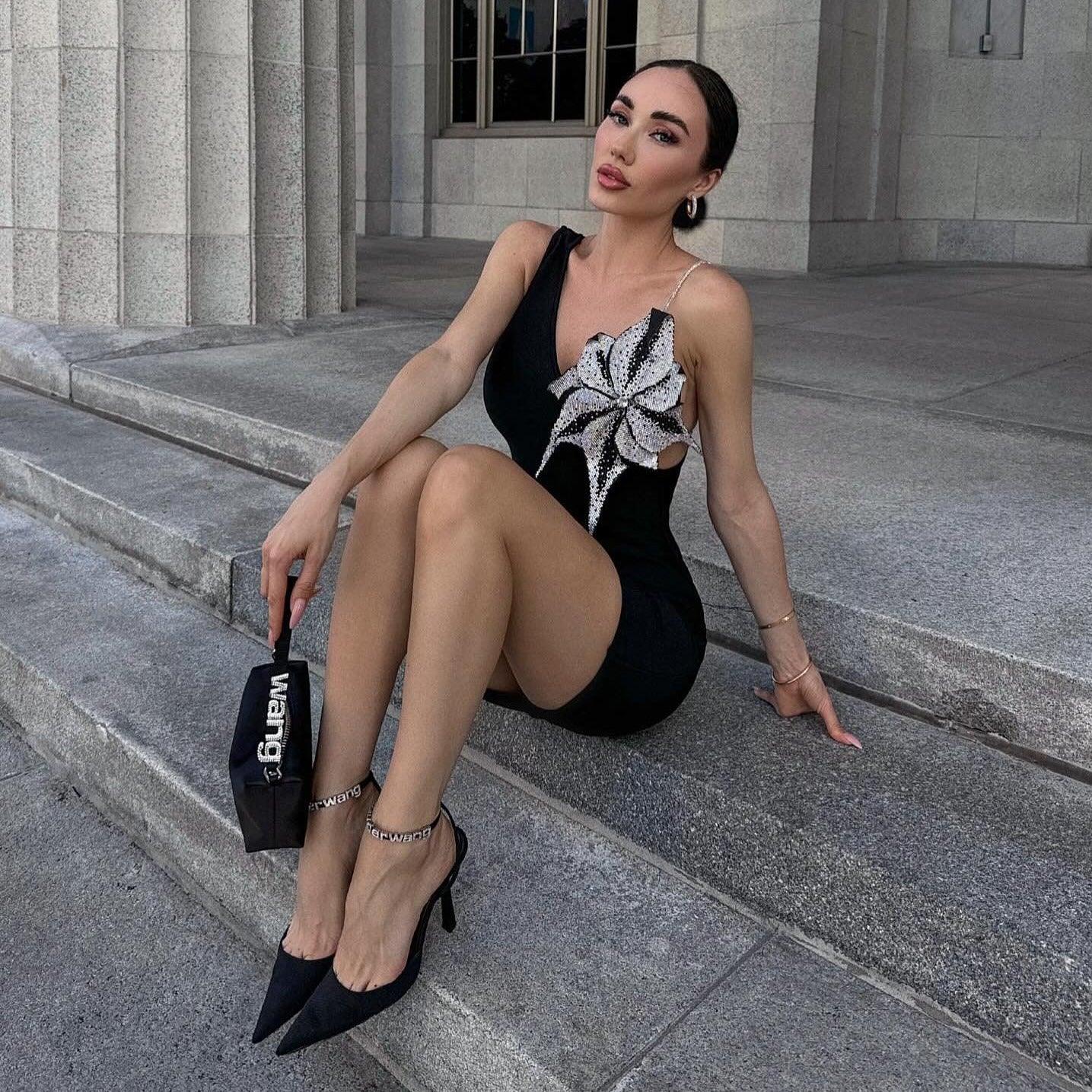 Rhinestone One Shoulder Deep V-Neck Floral Applique Bodycon Mini Dress