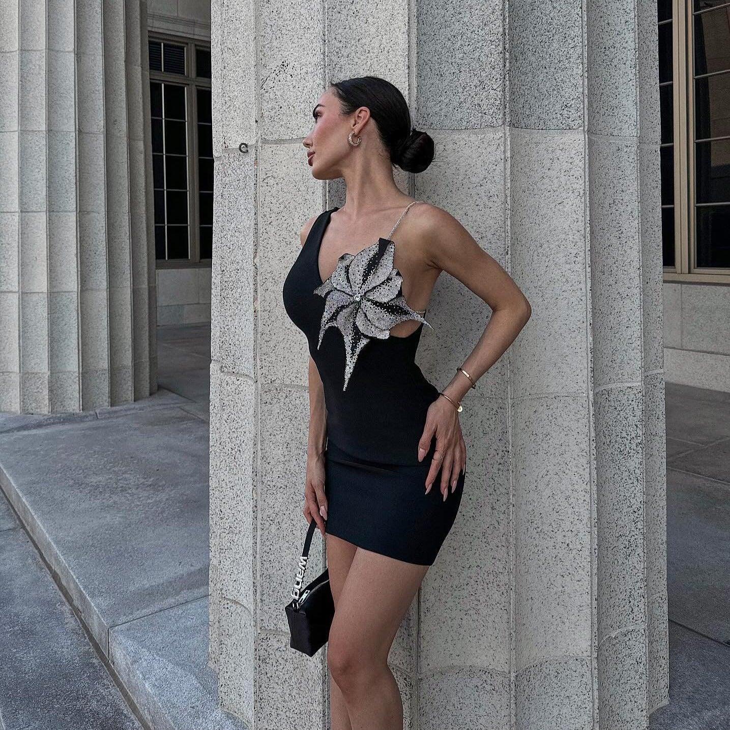 Rhinestone One Shoulder Deep V-Neck Floral Applique Bodycon Mini Dress