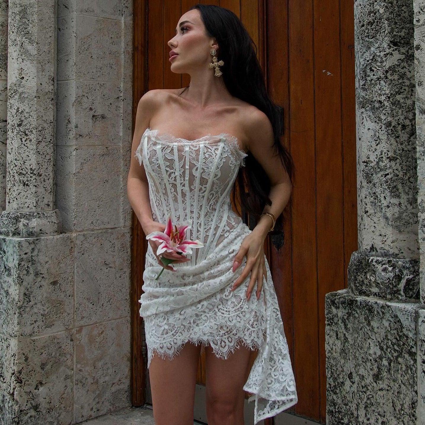 Lace Strapless Corset Draped Mini Dress