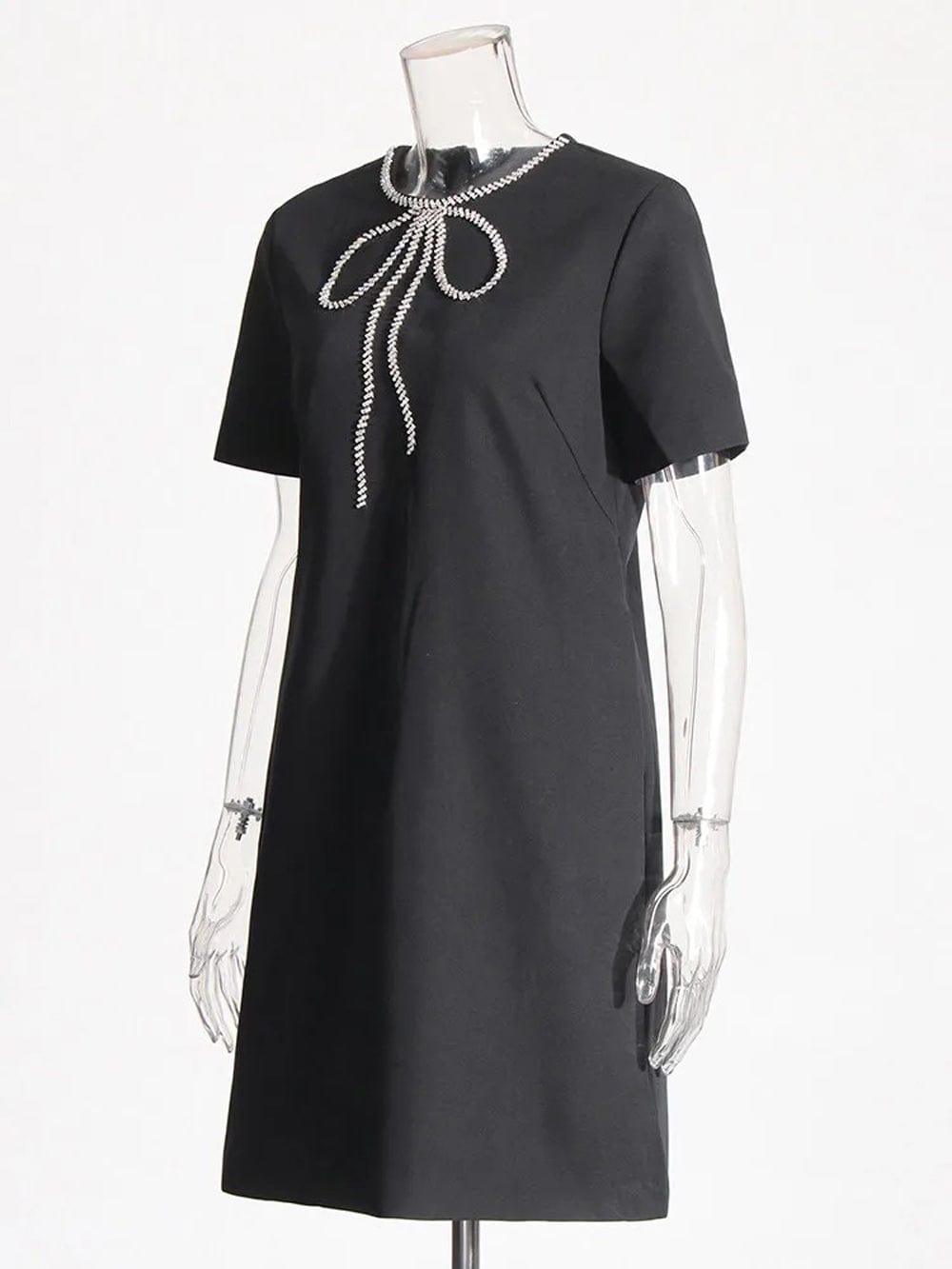 Rhinestone Bow Round Neck Short Sleeve Shift Mini Dress