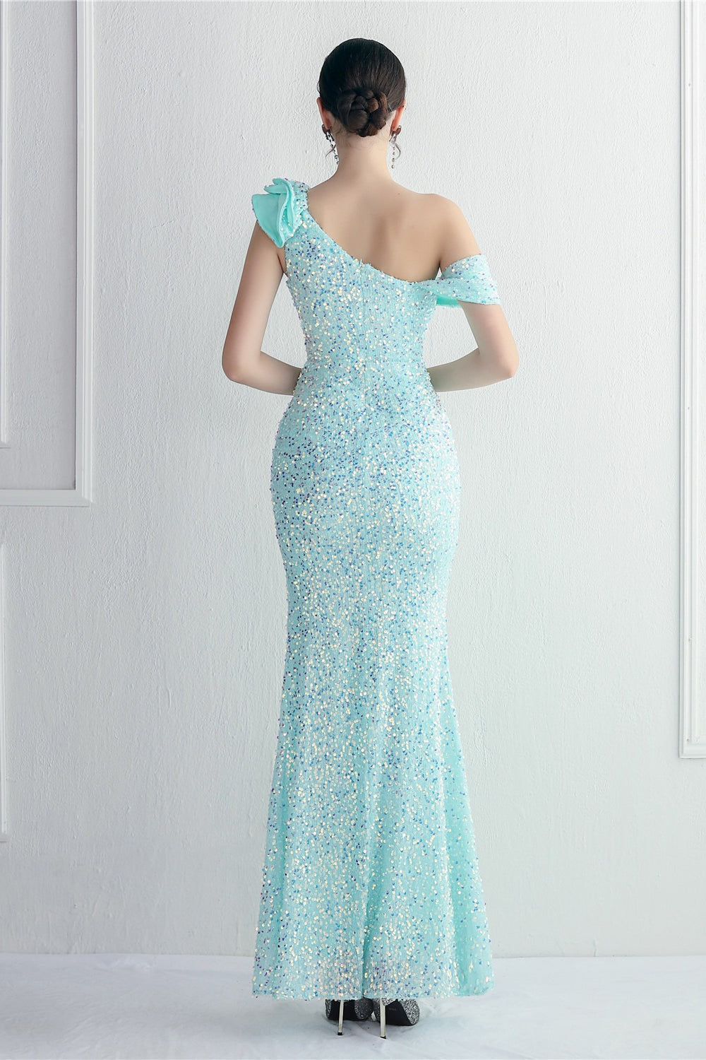 Sequin One Shoulder Ruffle High Split Mermaid Gown