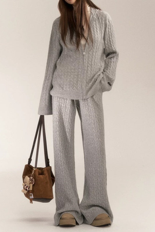 Cable Knit Zip Front Hoodie and Wide Leg Pants Two Piece Set