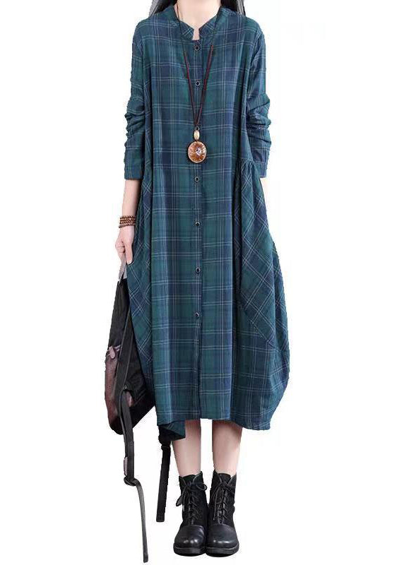 Plaid Check Print Stand Collar Button Down Long Sleeve Pocket Shirt Midi Dress