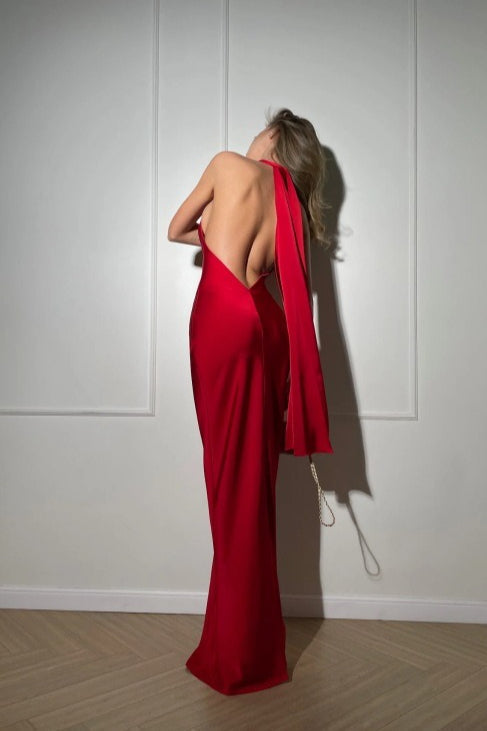 Satin Halter Neck High Neck Sleeveless Column Maxi Dress 8