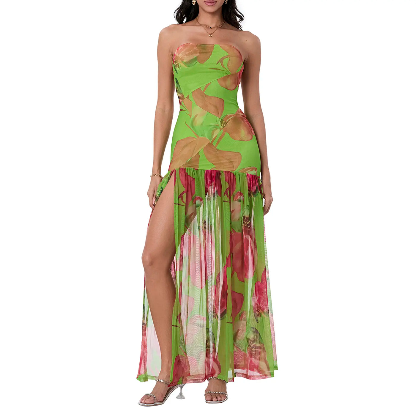 Strapless Mesh High Split Maxi Dress 7