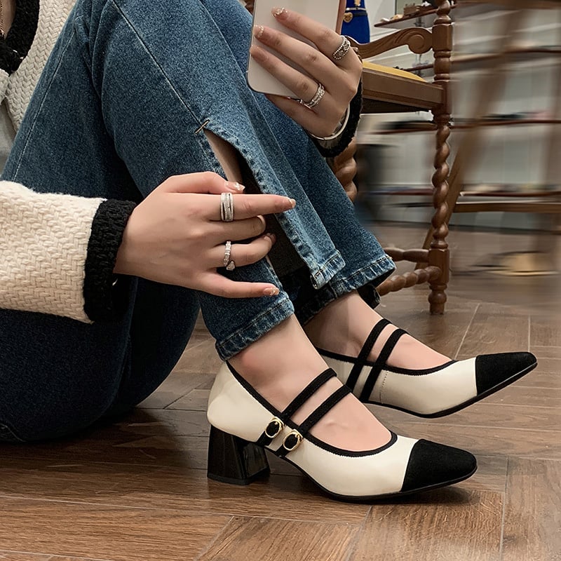 Shalyn Square Toe Block Heels Mary Jane Shoes