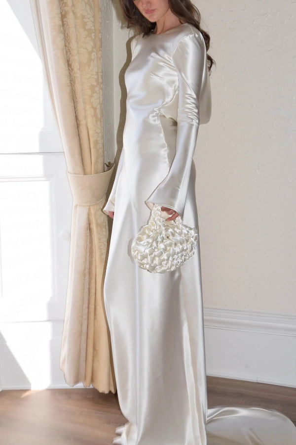 Satin Cowl Back Long Flare Sleeve Maxi Gown with Train 6