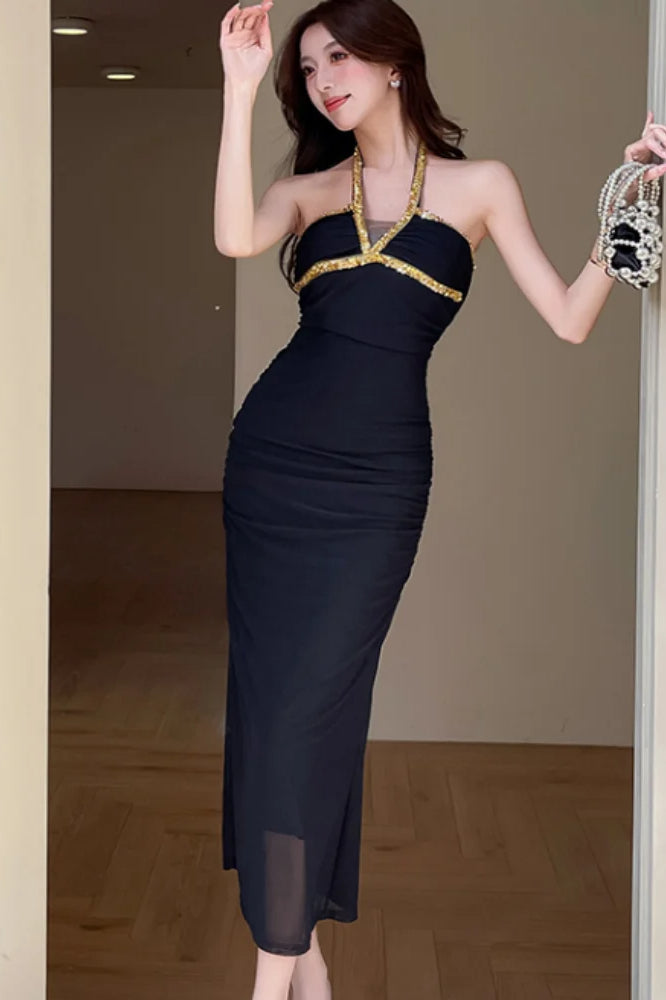 Halter Neck Rhinestone Trim Ruched Bodycon Midi Dress