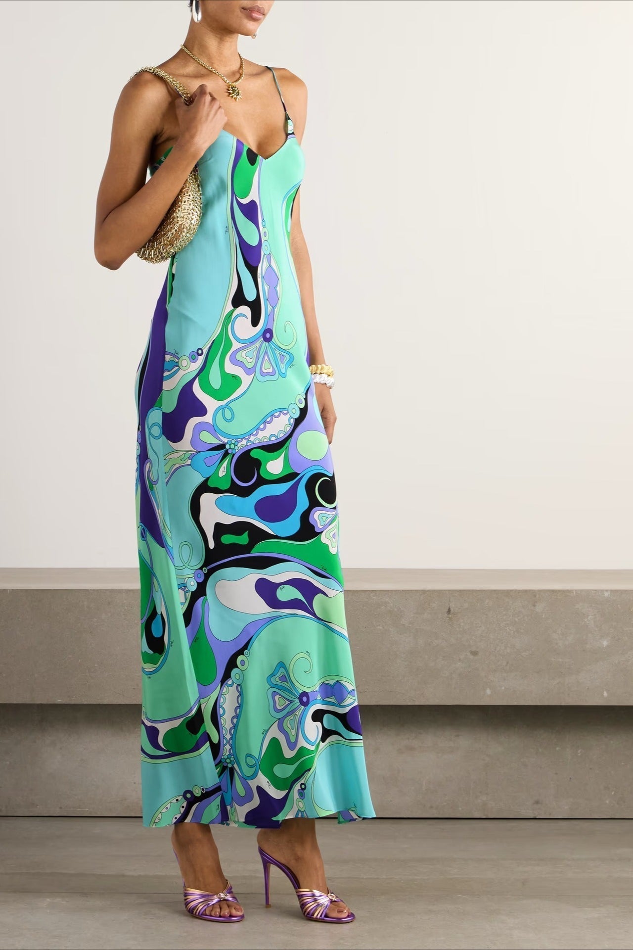 Spaghetti Strap Deep V-Neck Abstract Print Satin Slip Maxi Dress