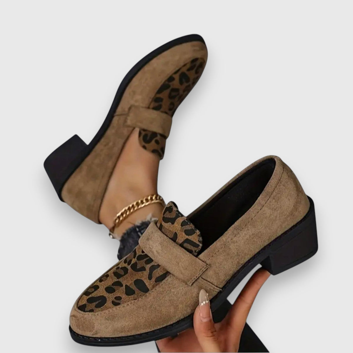 Leopard Print Suede Look Round Toe Block Heel Loafers