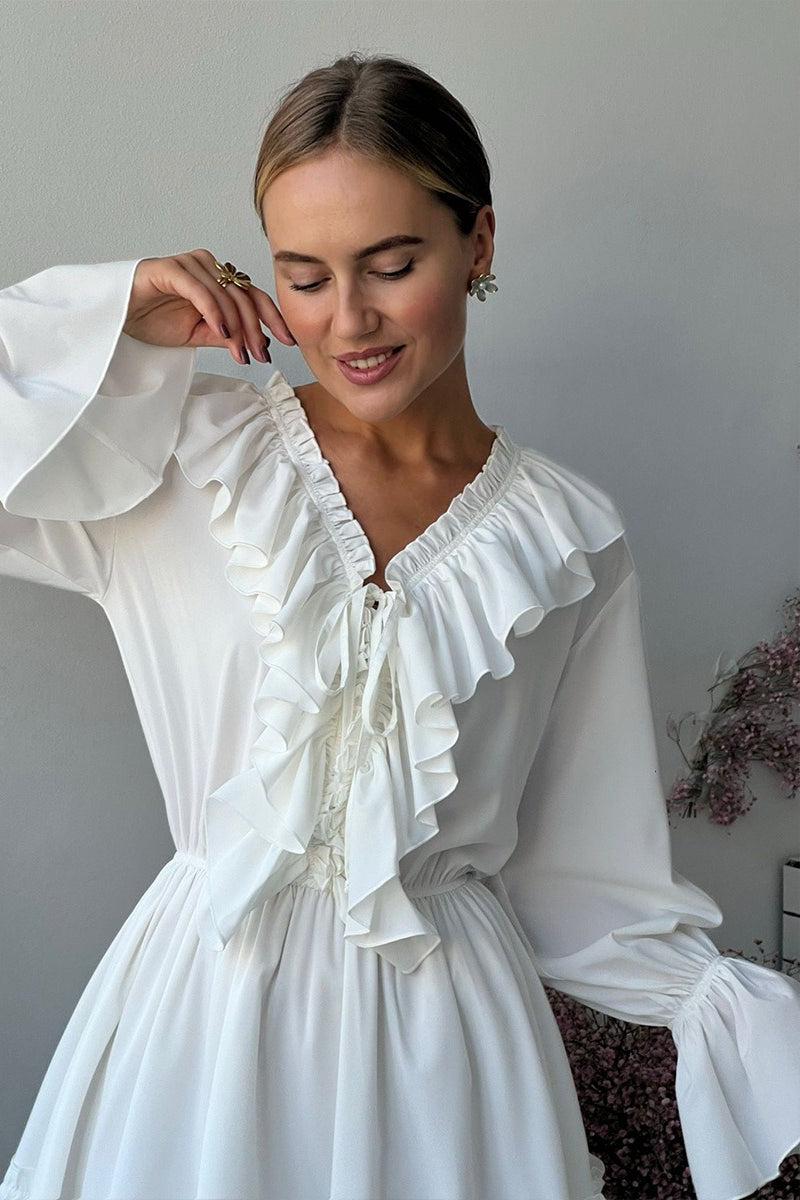 Chiffon V Neck Flared Sleeve Mini Dress - View 3