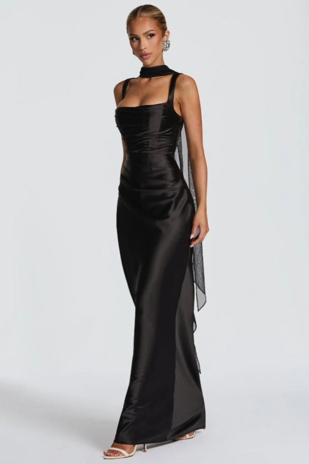 Square Neck Ruched Satin Bodycon Mermaid Dress