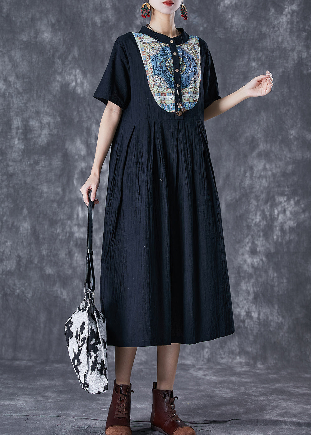 Stand Collar Short Sleeve Crinkle Woven Bib Panel Pleated Pocket Midi Dress