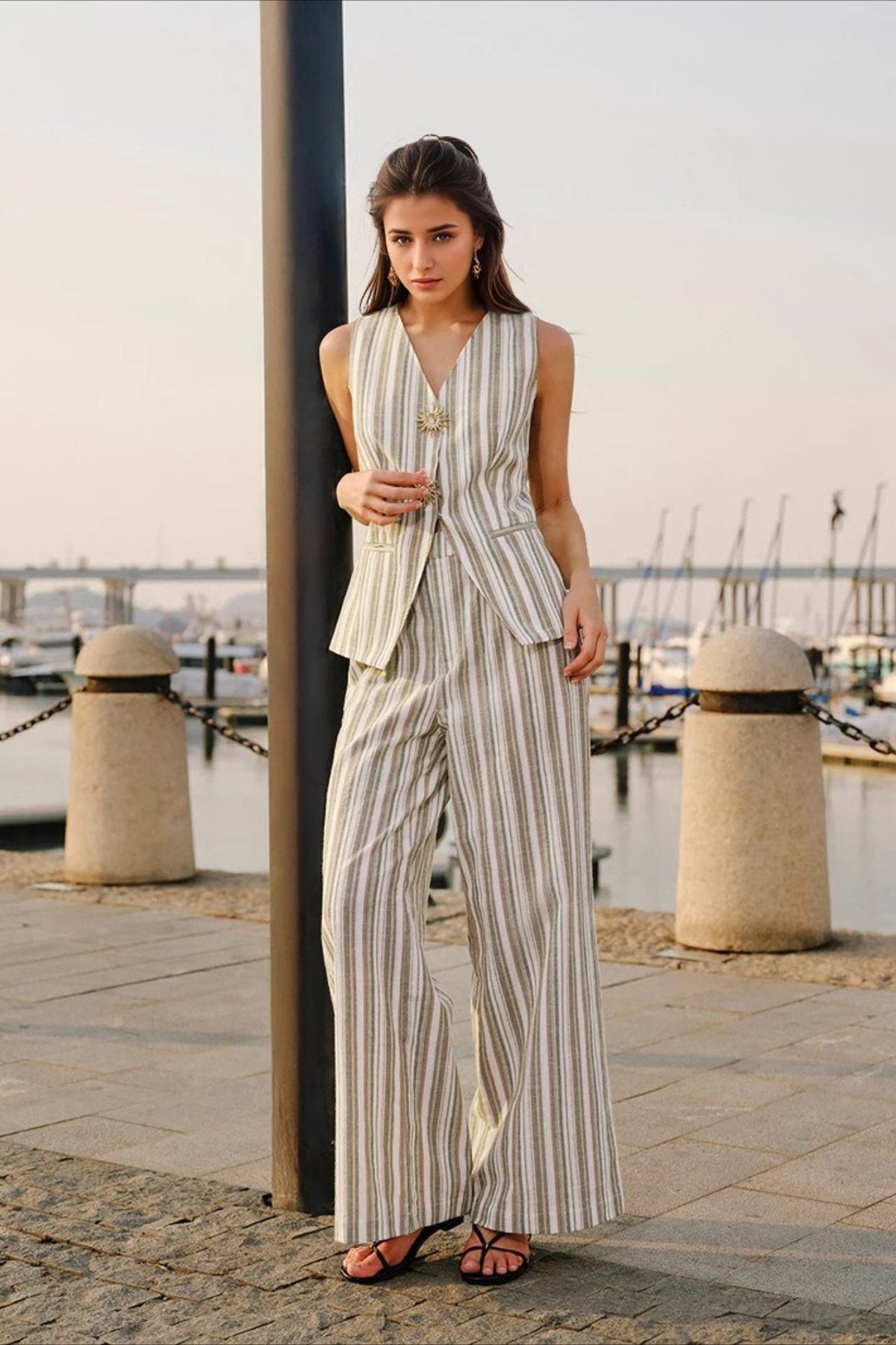 Striped V-Neck Button Vest and Wide Leg Pants Two Piece Set